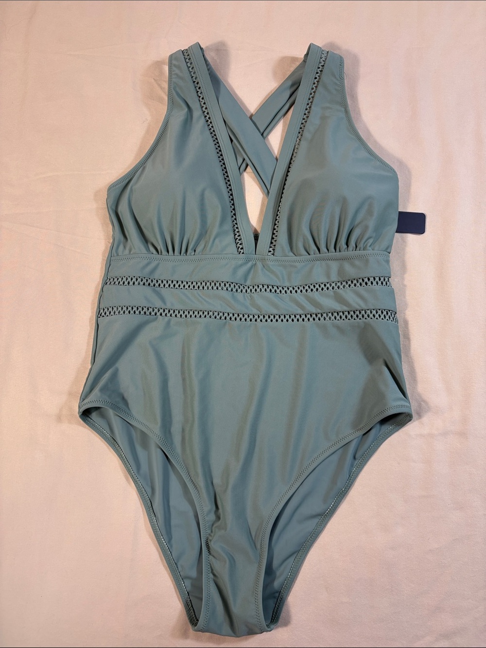 NWT Tempt Me Sage Green Crochet Lace V-Neck One Piece Swimsuit Mesh Cutout XL